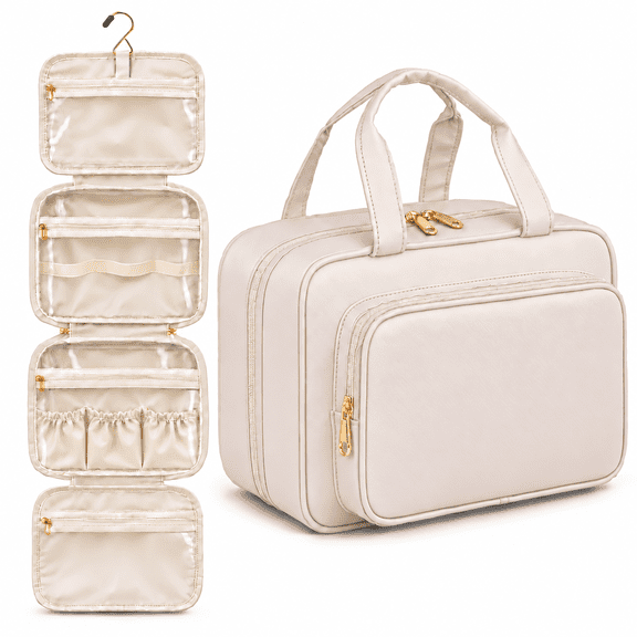Hanging Toiletry Bag for Women with Hook, Travel Makeup Organizer, Beige