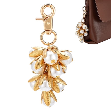 2Pcs Imitation Pearl Bag Charms with Gold Leaf Elegant Grapes Bunch Shape Pearl Keychains Handbag Car Ring Accessories for Women
