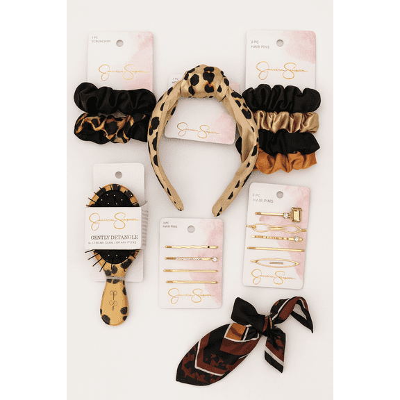 Jessica Simpson Hair Accessories Set – Assorted 6 Pack (Scrunchies, Headband, Brush & Clips)