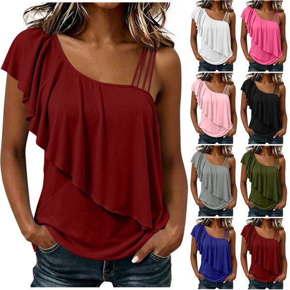 VBVC Women's One Shoulder Ruffle Tank Top , Ladies' Strappy Shoulder Loose Flowy Blouse , Summer Date Vacation Going Out Tops For Women,Army Green,S-2XL