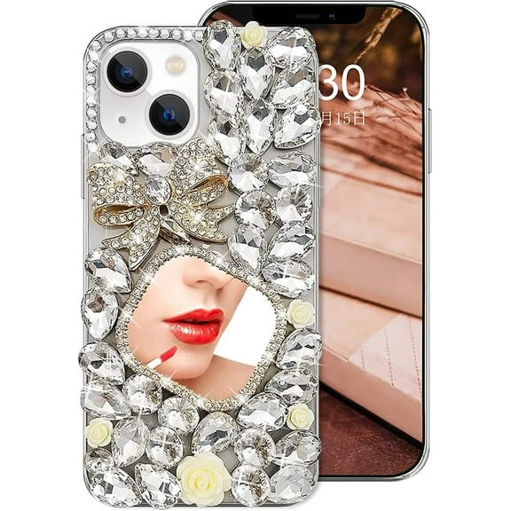 Compatible with iPhone 14 Case for Women Bling Diamond Case for Girls, 3D Glitter Handmade Crystal Clear Shiny Rhinestone Jewelry Sparkly Makeup Mirror Luxury Case for Women