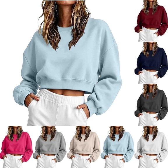 Enjoytime Crewneck Sweatshirts Women Fall Fashion Long Sleeve Pullover Cropped Tops Solid Casual Winter Clothes