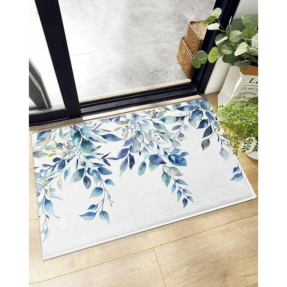 Shag Bath Rugs Eucalyptus Leaves Flower on White Plush Soft Fluffy Doormat Floor Carpet,Non-Slip Living Room Bedroom Kitchen Entryway Door Mats Watercolor Botanical Blue Gradient
