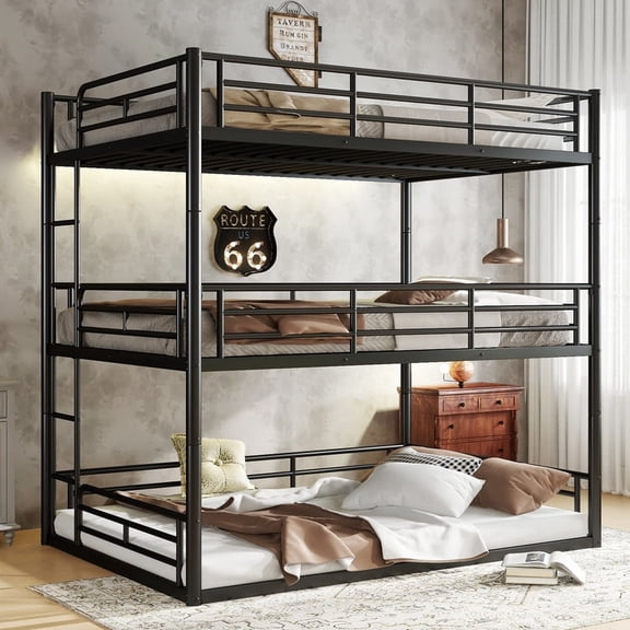 Bellemave Metal Full Over Full Over Full Bunk Bed, Triple Bed with Ladder and Safety Guardrail, Can be Divided into 3 Full Beds for Teens Adults, Heavy Duty Bunkbeds No Box Spring Needed, Black