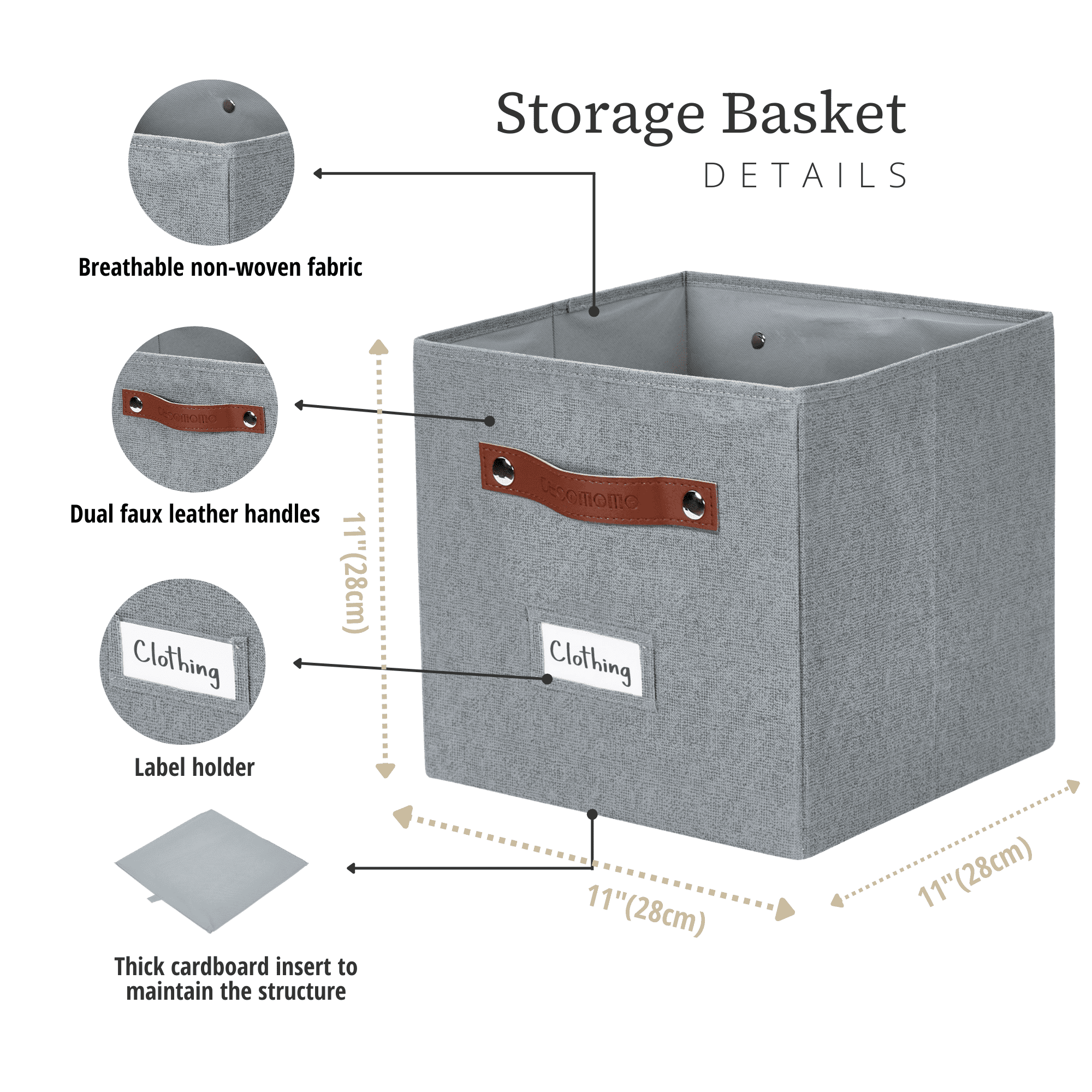 DECOMOMO Cube Storage Bins, Fabric Baskets 11 x 11, Organizer Bins (Grey, Set of 6)