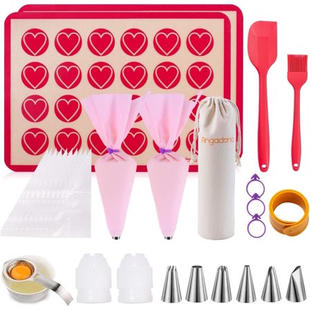 Angadona Silicone Macaron Baking Mat Kit - (30 in 1) Macaroon Baking Mat Heart Set,2 Half Sheet Macaron Silicone Mat,1 Egg Separator,1 Pastry Brush,1 Spatula,6 Frosting Tips,12 Piping Bags Cherry Red