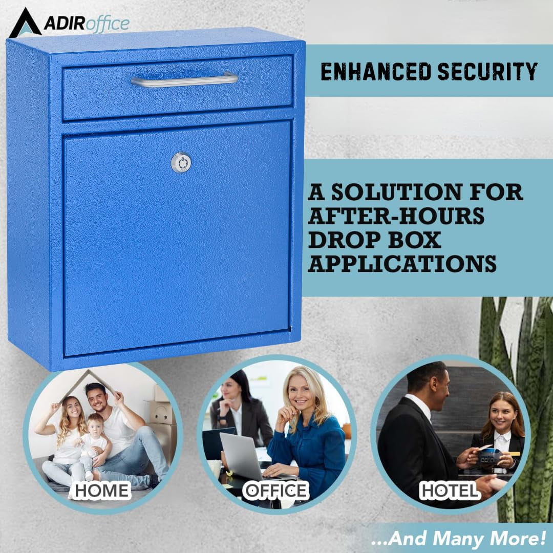 AdirOffice Wall Mount Mailbox - Mailbox with Lock and Keys- Durable Wall Mounted Locking Mailbox and Cash Drop Box for House, Apartments and Bussiness After Hours Deposits