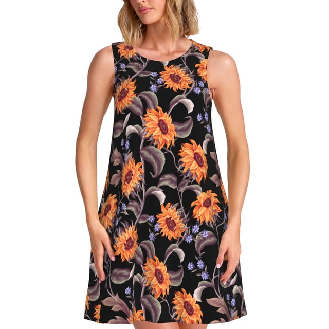 Fotbe Sunflowers Vestido de Verano sin Mangas para Mujer – Vestido Midi Línea A, Estilo Camiseta Floral, Vestido Playero Casual y Fluido
