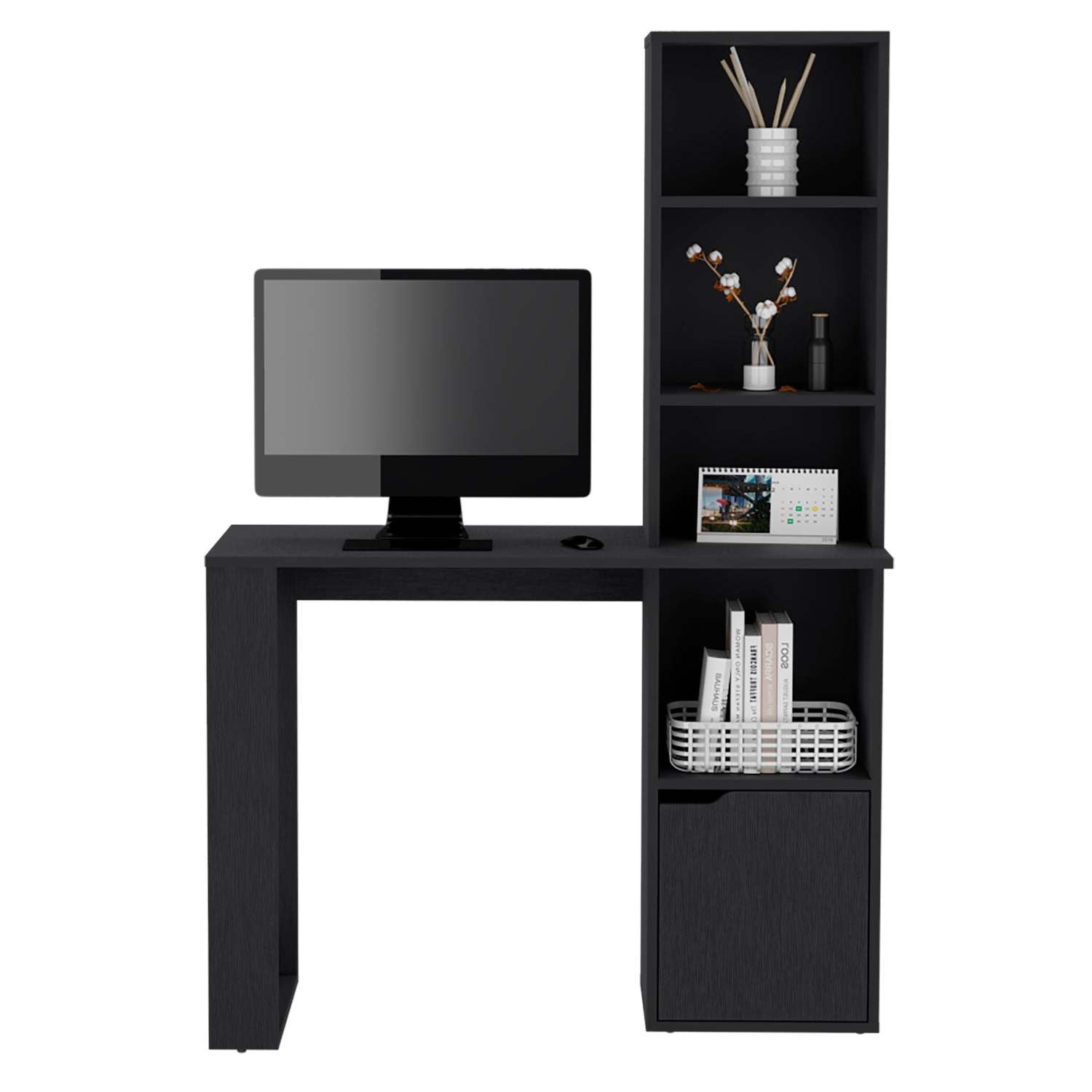 Asteroutdoor Writing Desk with Bookcase and Cabinet, Black, Engineered Wood Computer Desk for Office, 17.8 in L x 38.8 in W x 58.3 in H