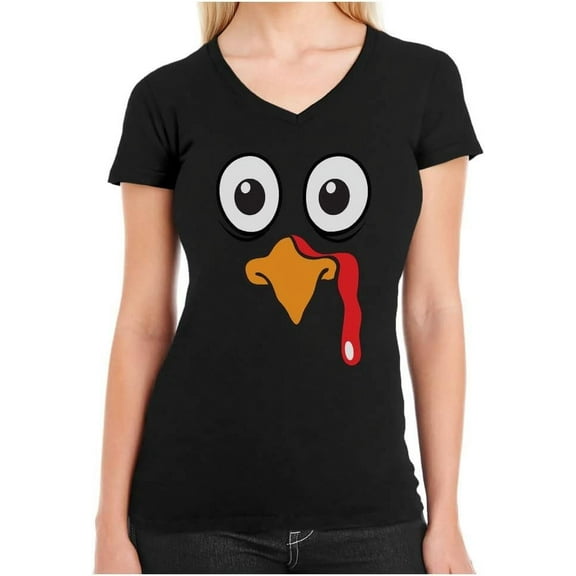 Tstars Turkey Face Shirt Funny Thanksgiving Women's Fitted V Neck TShirt Large Black