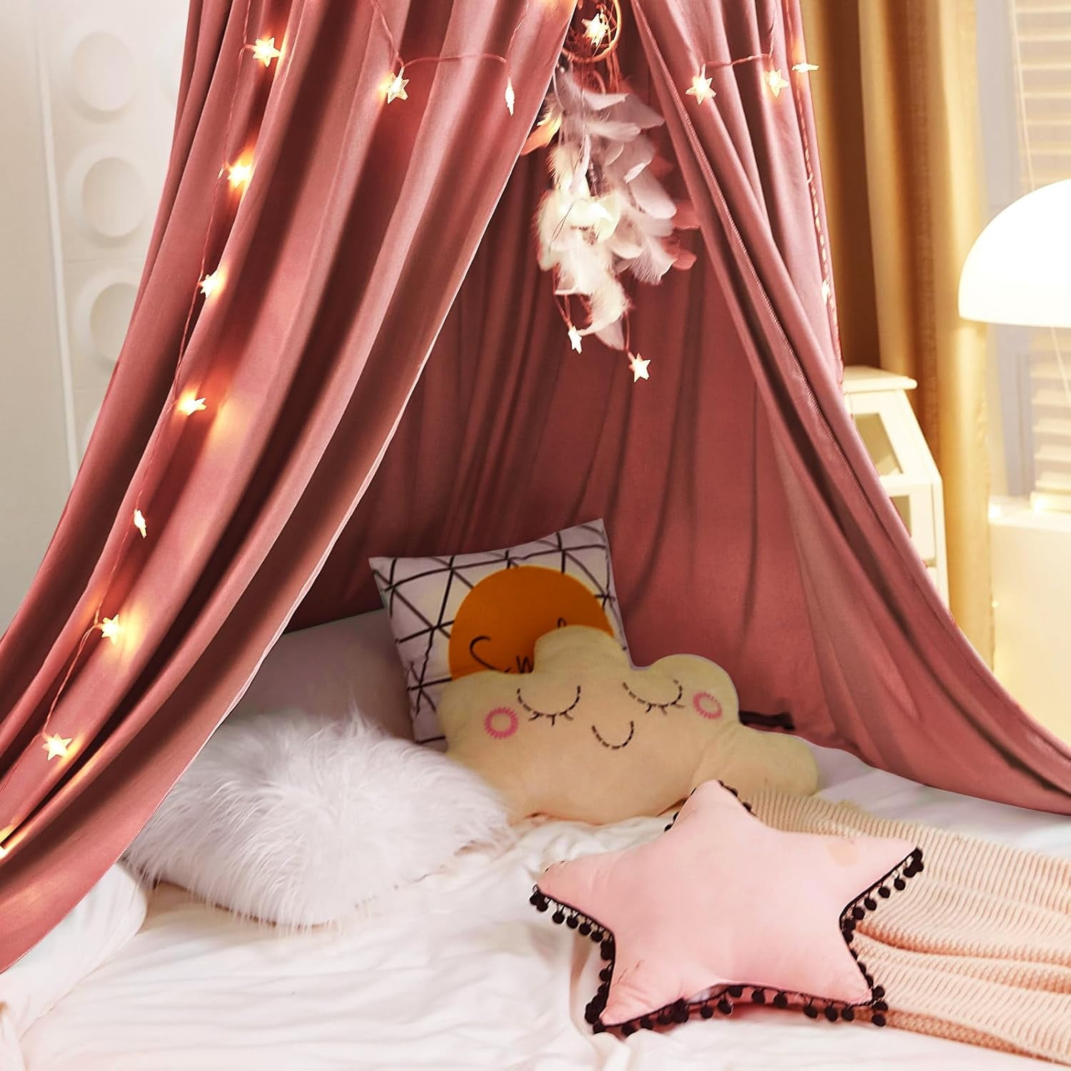 Decor Canopy for Kids Bed, Soft Smooth Playing Tent Canopy Girls Room Decoration Princess Castle, Dreamy Mosquito Net Bedding, Children Reading Nook Canopies in Home (Red Bean Color)