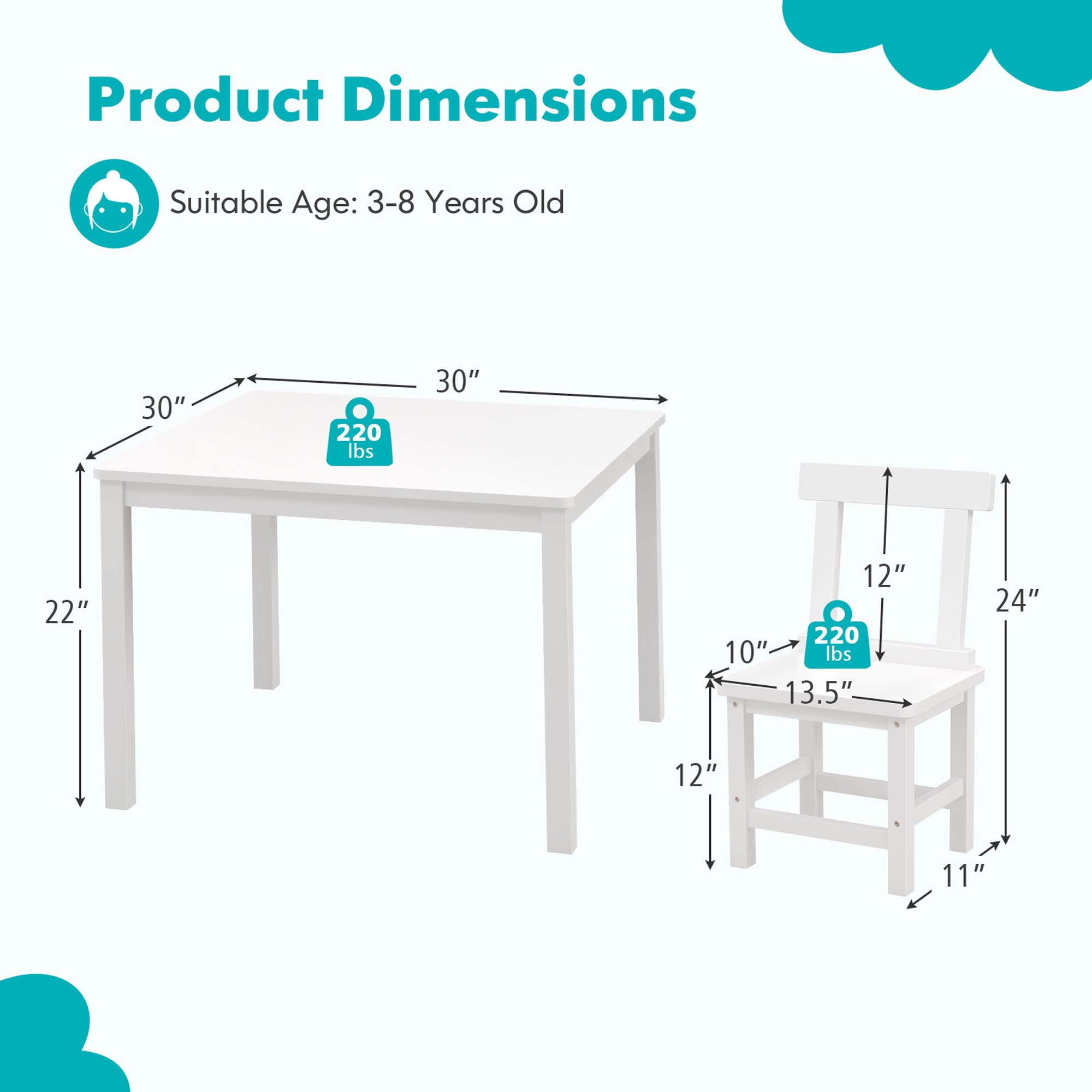 Costway Wooden Kids Table and 2 Chairs Set with Rubber Wood Legs Anti-slip Foot Pads White