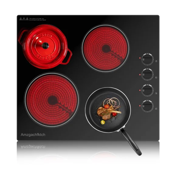 24 inch Built-In 4 Burner Electric Cooktop Dual-Ring Burners 6700W Radiant StoveTop with Knob Control Residual Heat Indicator auto shut off, 220V~240V Hardwire (No Plug)