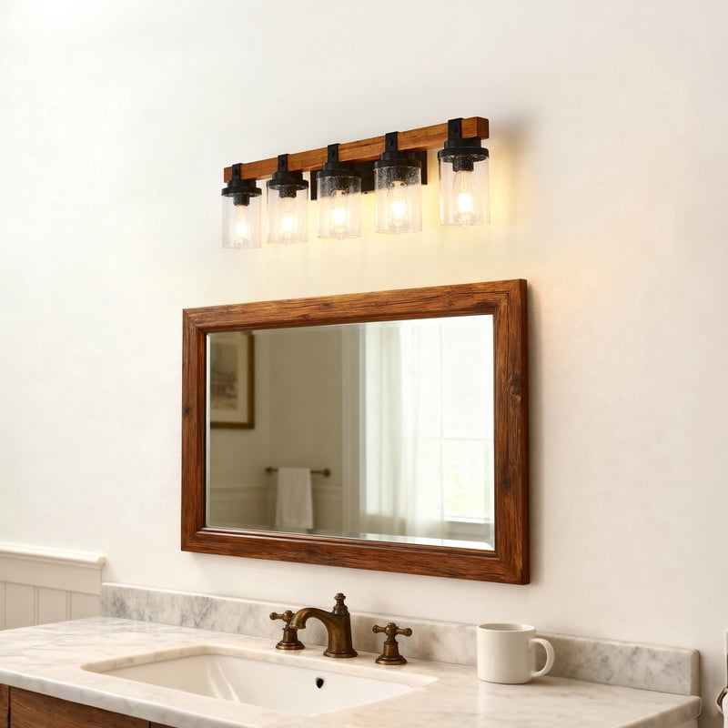 TICOZE 5-Light Matte Black and Wood Wall Lamps with Glass Lamp Shades Vanity Lighting Fixtures for Bathroom Kitchen Dining Room (Bulbs Not Included)
