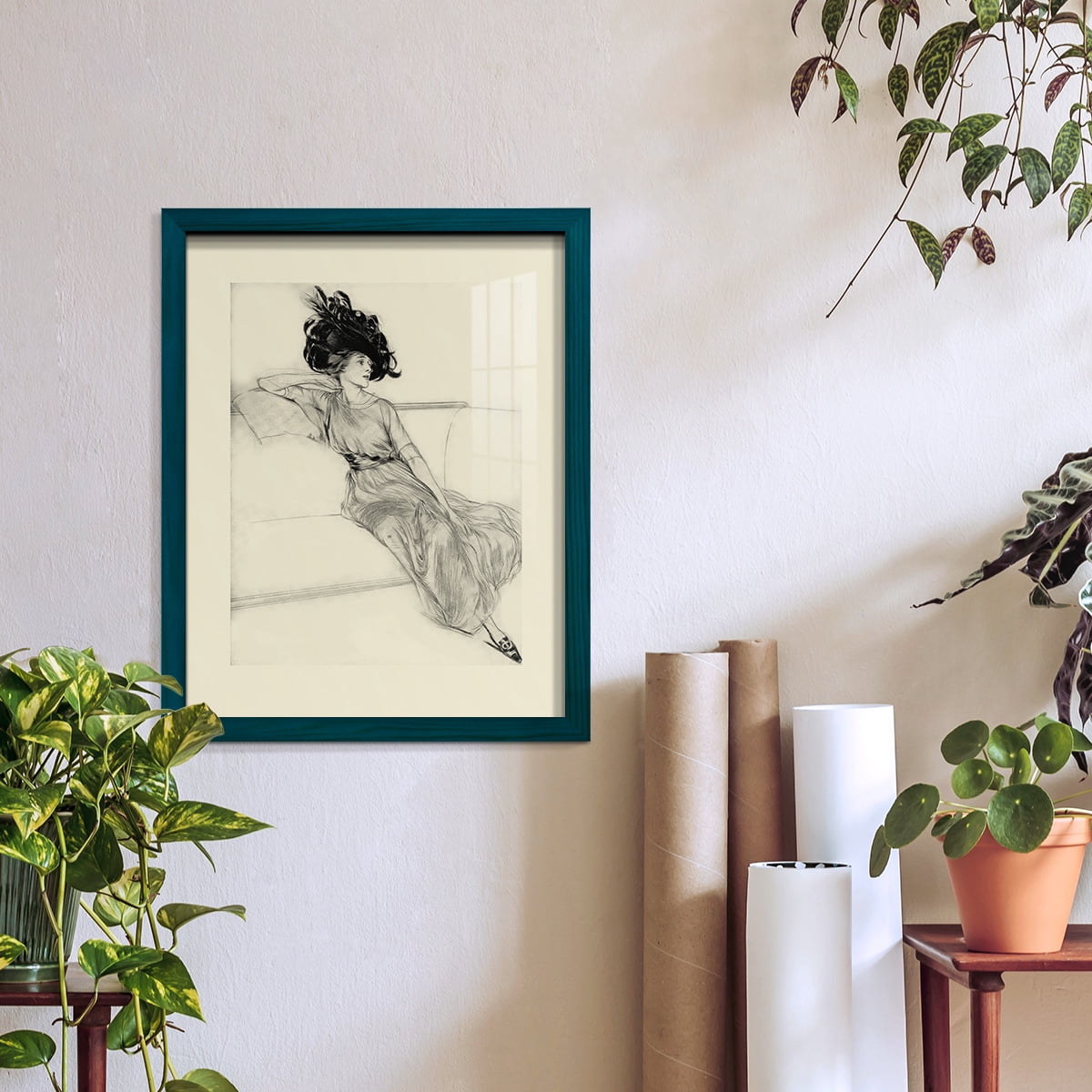 Feather Hat I -Framed Print w/glass-Ocean Blue