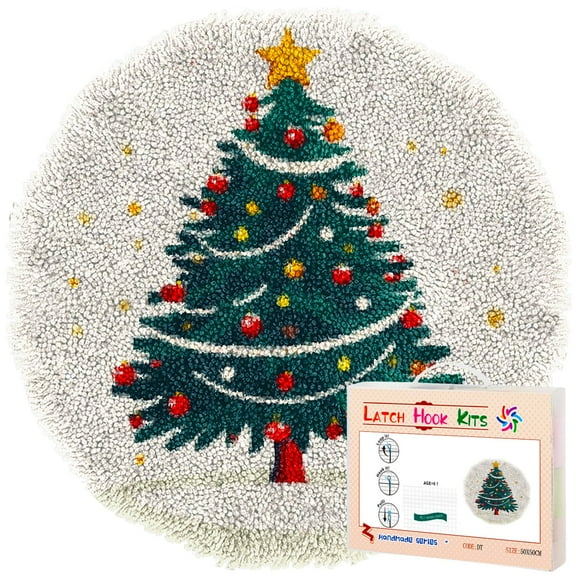 Latch Hook Rug Kit Merry Christmas Tree Stamped Handmade Round Shape Carpet Crochet Yarn Craft DIY Hook and Latch Door Mat Tapestry for Home Floor Decor 50x50cm(5)