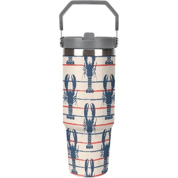 30 Oz Insulated Tumblers with Flip Straw Lid Top Handle Marine with Lobster Leakproof Reusable Vacuum Stainless Steel Travel Coffee Mug for Car Retro Stripe