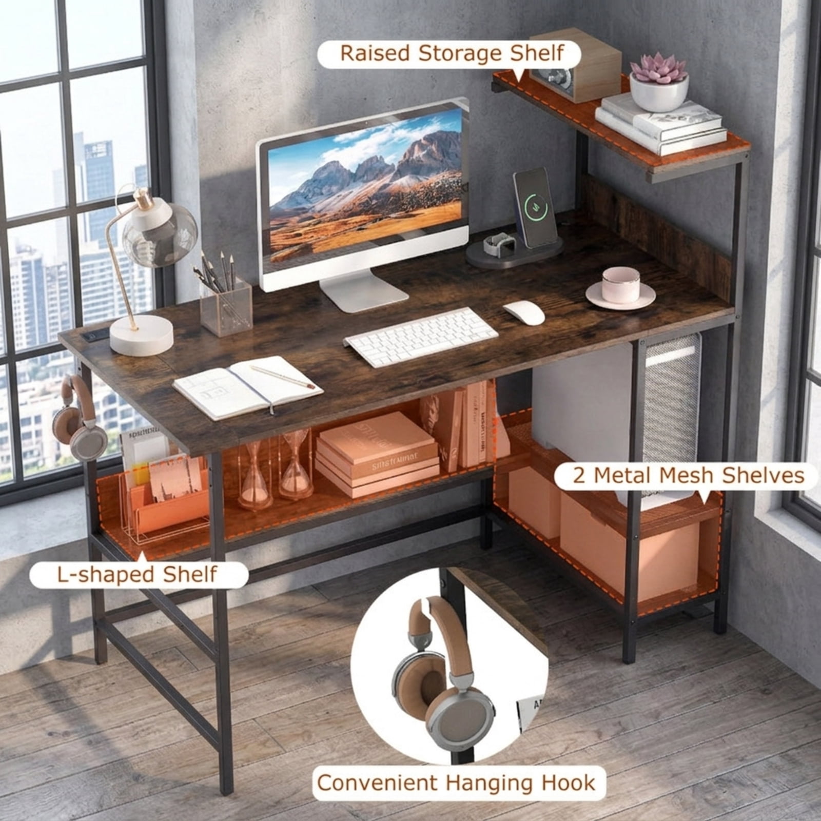 Furnibear 48 Inch Computer Desk Home Office Desk with Power Outlets and Storage Shelves for Study Workspace, Rustic Brown
