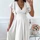 thumbnail image 2 of Vestido corto de manga con volantes para mujer, vestido midi elegante y elegante de Color puro con cuello en V y cintura recogida para el trabajo, 2 of 5