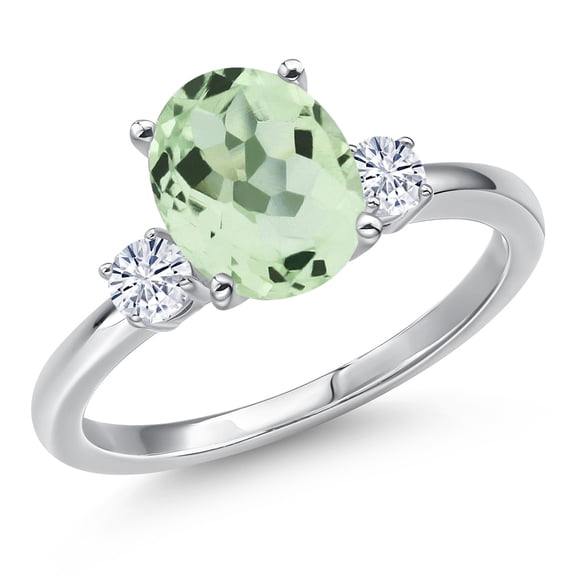 Gem Stone King 14K White Gold Green Prasiolite and White Moissanite Engagement Ring for Women | 2.60 Cttw | Oval 10X8MM | Gemstone Birthstone | Size 5