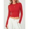 thumbnail image 4 of Yunliwuli Women T-shirt, Long Sleeve Crew Neck Solid Slim Fit Ladies Crop Top with Thumb Holes for Daily Street, 4 of 10