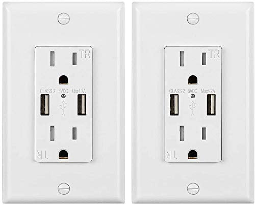 J&D 4.2A USB Wall Outlet Charger, 2 Packs White USB Charger In-Wall Outlet UL List High Speed Dual USB Charging Ports with 15A TR Tamper-Resistant Duplex Receptacle