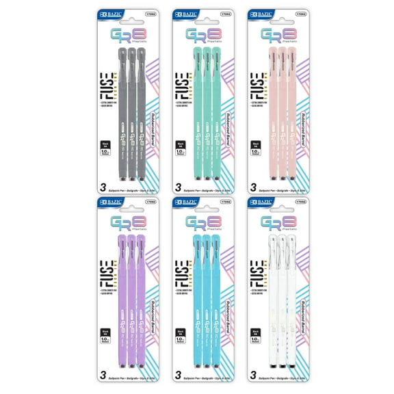 BAZIC GR8 Dazzle Black Fuse Tech Ink Pen w/ Rubber Barrel, 0.7mm (3/Pack), 24-Pack