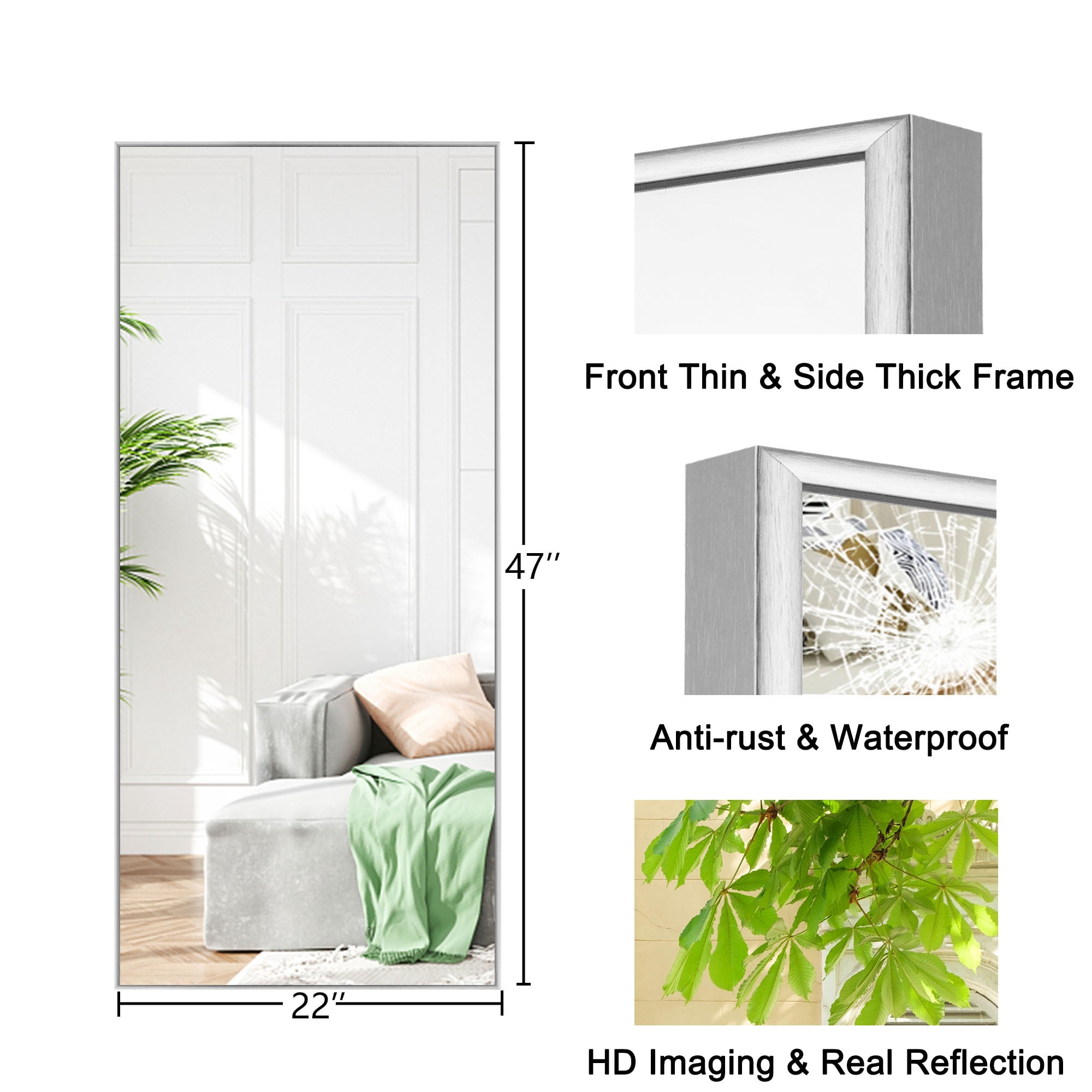 MAYEERTY 47"*22" Full Length Body Mirror Floor Hanging Mirror for Bedroom Dorm Room Silver