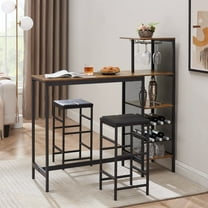 VECELO 3-piece Counter Height Dining Sets, Metal Pub Set with Wood Top, Wine Rack & Glass Holder, Brown