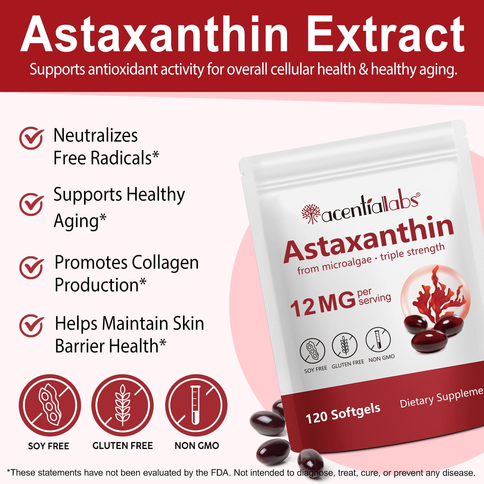 Astaxanthin 12mg 120 Softgels, Antioxidant Supplement for Eye, Joint & Skin Health, 4 Month Supply, 2 Pack