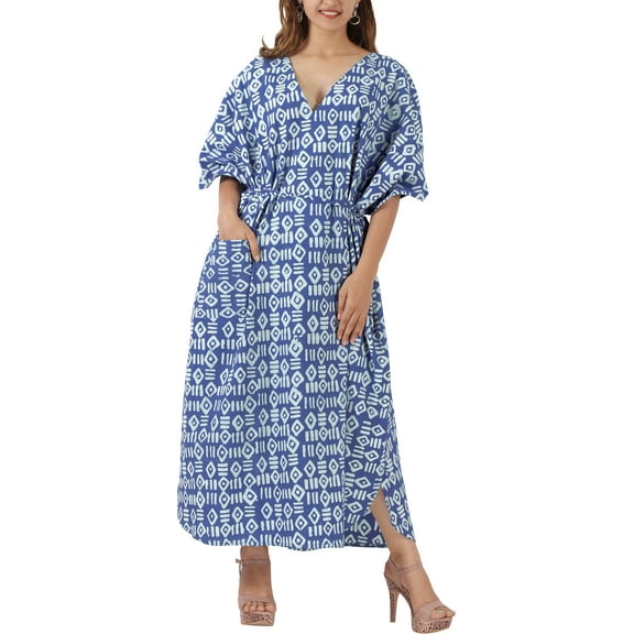 LA LEELA Women's Summer Batik Caftan Long Loungewear Dashiki House Dress with Pockets Sleepwear for Women Nightgown 1X-2X Ethnic, Blue