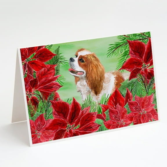 Cavalier Spaniel Poinsettas Greeting Cards and Envelopes Pack of 8