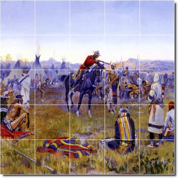 Ceramic Tile Mural-Frederic Remington Western Floor Tile Mural 14. 21.25" w x 21.25" h using (25) 4.25 x 4.25 ceramic tiles