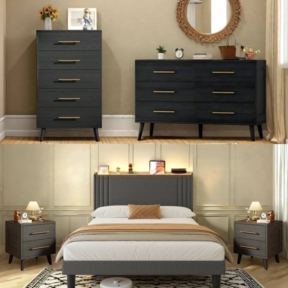 Lofka 5-Piece Modern Bedroom Furniture Set – Full Bed Frame with Charging Station & LED Lights, 2 Nightstands, 5-Drawer Dresser & 6-Drawer Chest, Black