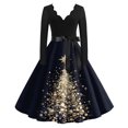 thumbnail image 7 of Women's Casual Fashion V-Neck Long Sleeved Retro Christmas Print Retro Dress, Holiday Print, Audrey Style, Party Wear, Casual Dress, Festive,Navy,L, 7 of 7