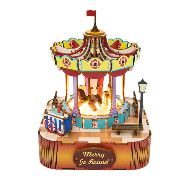 Wooden Music Box Puzzle For Adults Rotating Music Box Kit 3D Musical Building Desk Dec Model Puzzle Kits Crafts