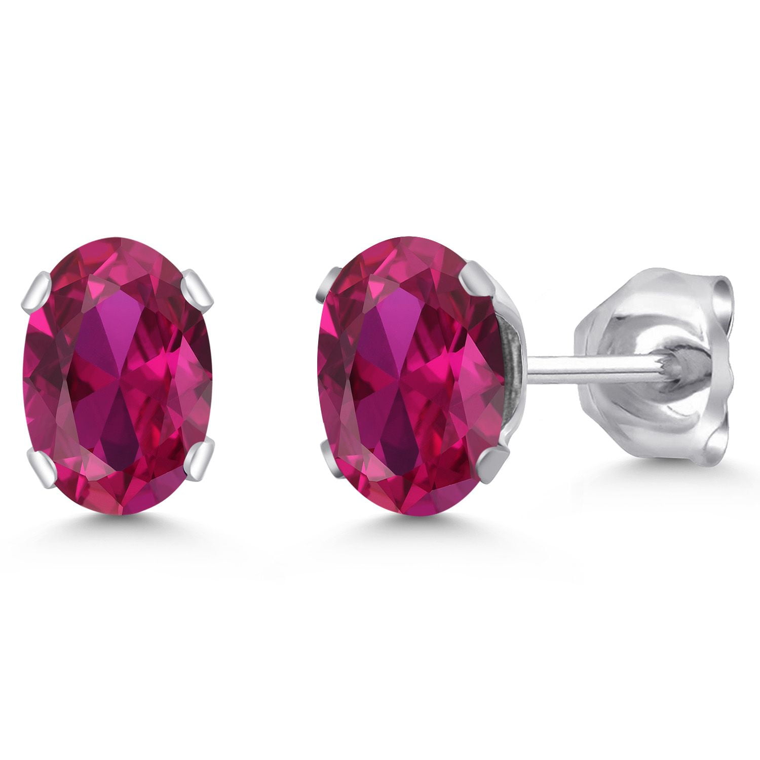 Gem Stone King 925 Sterling Silver Red Created Ruby Women's Stud Earrings (1.00 Ct Oval 6X4MM)