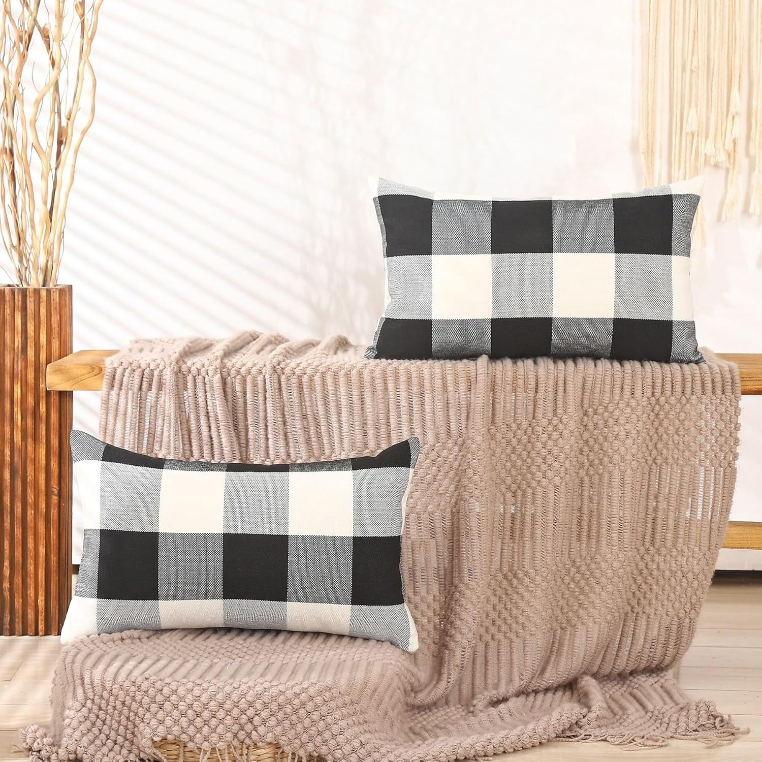 Black and White Lumbar Plaid Pillow Covers 12x20 Set of 2 Black Buffalo Check Pillow Covers 12 x 20 Outdoor Farmhouse Lumbar Throw Pillows for Couch, Sofa and Patio
