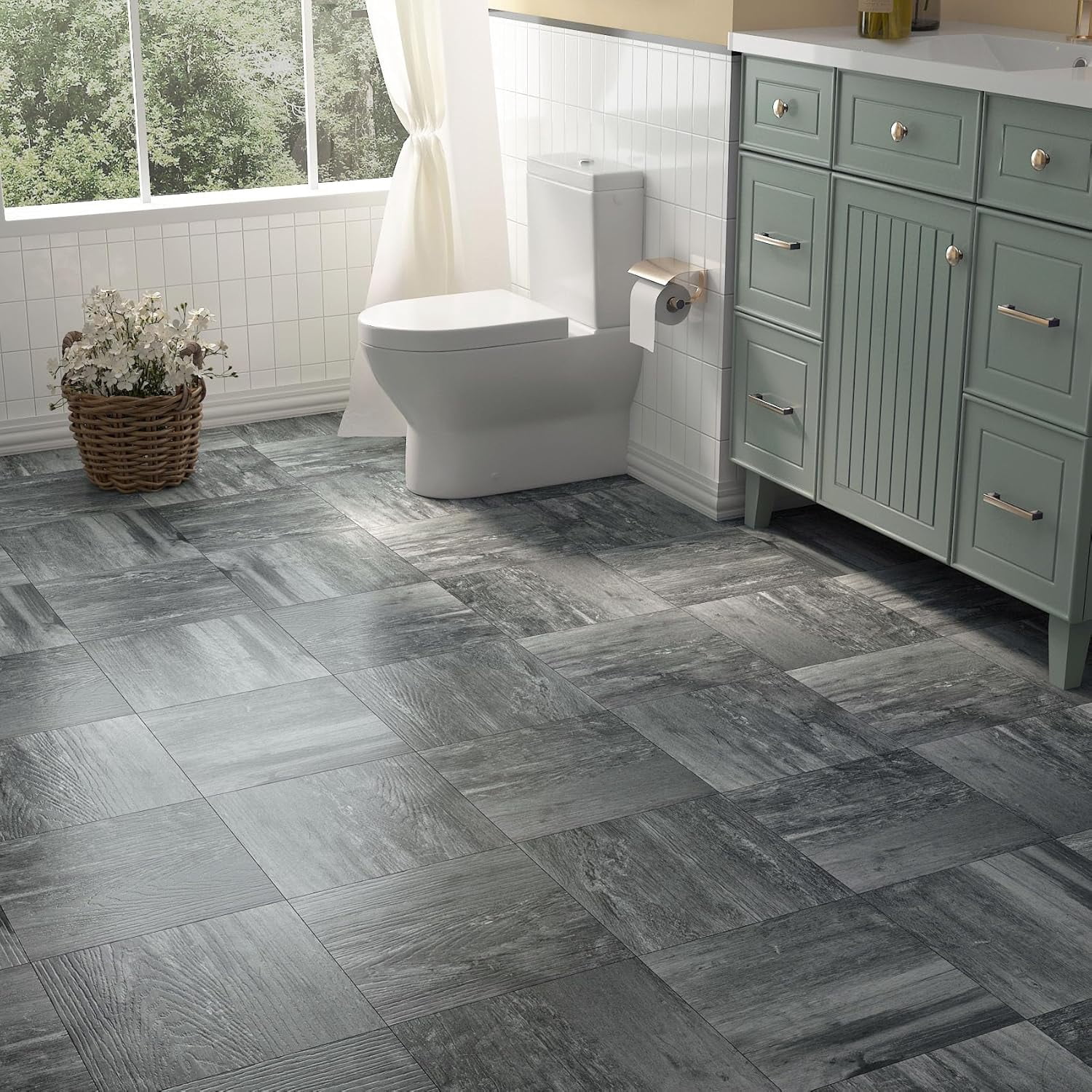 Dark Grey Peel and Stick Floor Tile Wood Look Waterproof Vinyl Flooring Gray Laminate Wood Flooring Tiles Adhesive Kitchen Floor Tile Stickers Stick on Floor Tiles Bathroom 12x12 4-Sheets