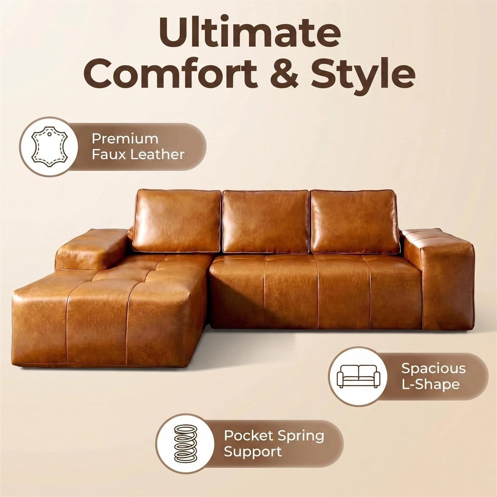 Aukfa 115" Leather Cloud Sectional Sofa Oversized Boneless Couch Modular L-Shaped Sofa for Living Room, Right Chaise, Brown
