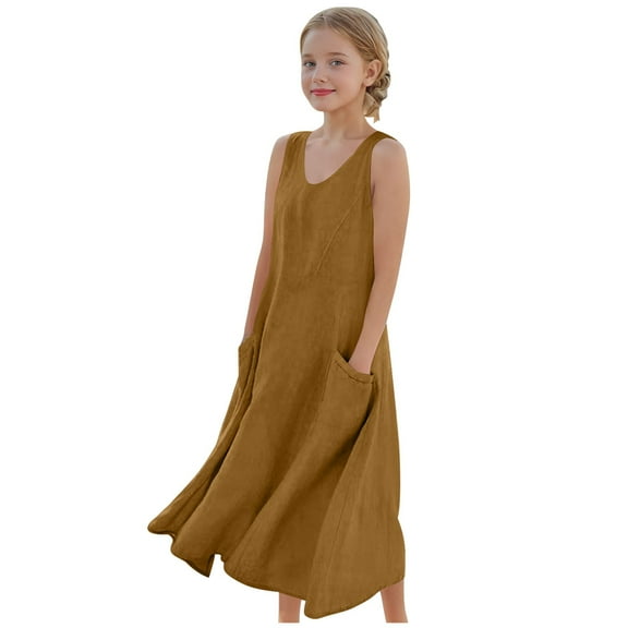 Fesfesfes Girls'Summer Solid Color Short Sleeve Crew Neck Elastic Waistband Dress with Pockets Casual Comfortable Cotton Blend Dress for Kids(Brown,13-14 Years)