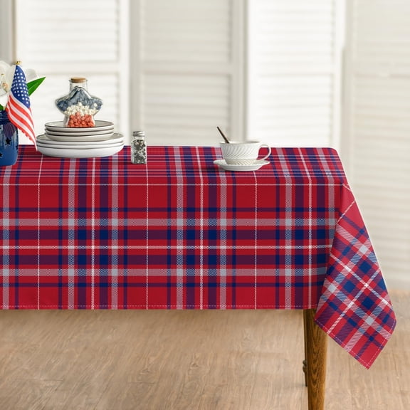 4th of July Tablecloth 60×84 Inch Rectangular, Buffalo Plaid Red Blue Independence Day Washable Seasonal Table Cover for Party Picnic Dinner Decor
