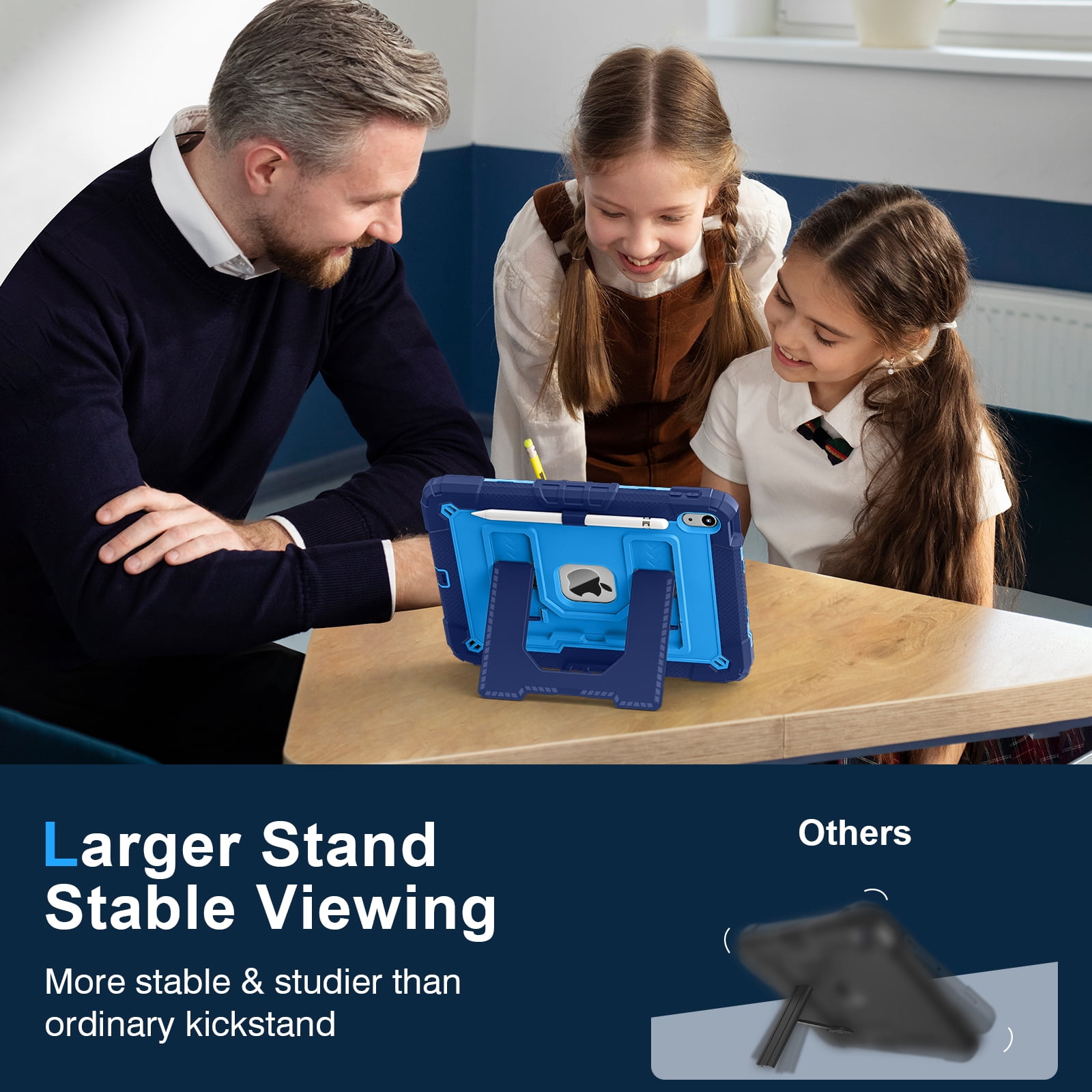 Allytechgroup Rugged Case for Apple iPad 9th 8th 7th Generation 10.2 inch 2021/2020/2019, Heavy Duty Protective Tablet Case with Kickstand, Pencil Holder & Detachable Shoulder Strap, Navyblue