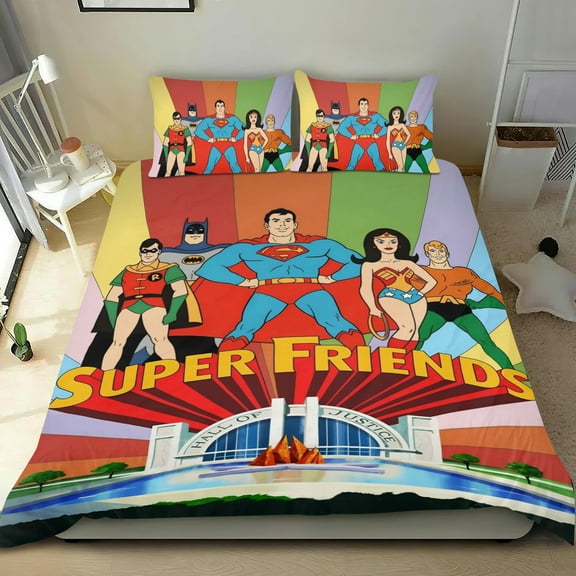 Super Friends Themed Bed Sheet Set Three Piece Set 36x75 Inches Comfortable And Skin Friendly Unique Design Creating A Star Studded Night