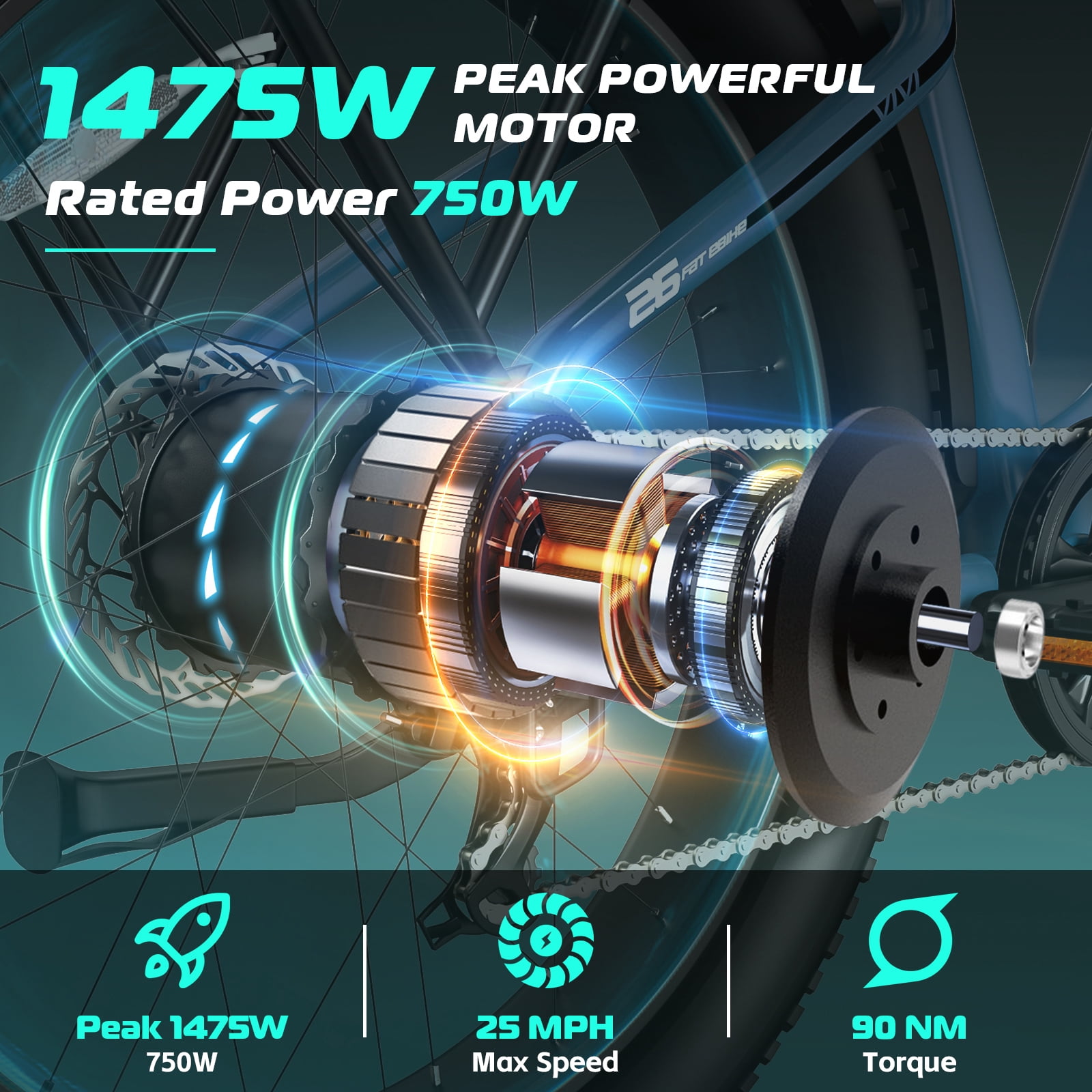 Vivi 26" x 4.0 Electric Bike for Adults, Peak 1475W Motor Fat Tire Ebike, 25MPH Electric Mountain Bike, 60Miles Electric Bicycle with 48V 15AH Battery, Torque Sensor, 7 Speed, Hydraulic Brake, 2849