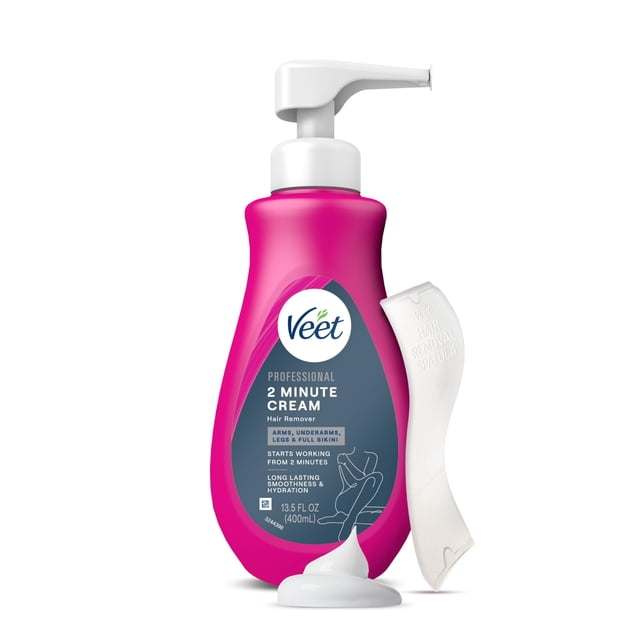 VEET Professional 2 Minute Hair Removal Cream For All Skin Types with Shea Butter | Painless Full Bikini Hair Removal, Pubic Hair Removal Gel | Dermatologically Tested | 13.5 FL OZ Bottle with Spatula