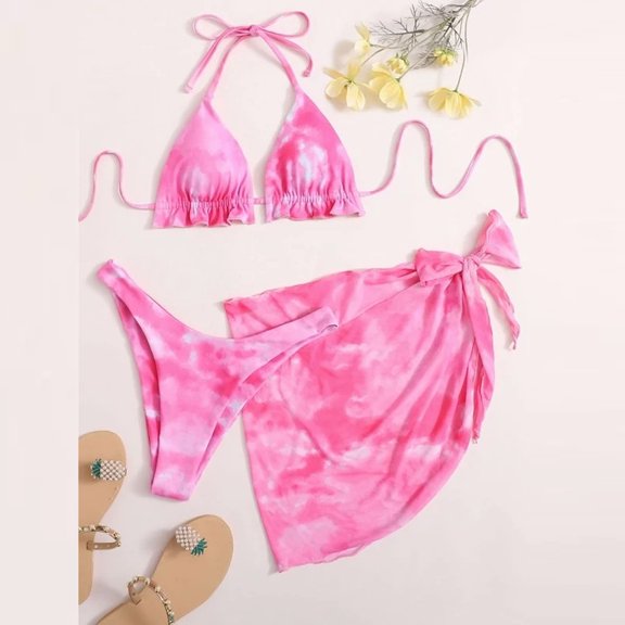QIPOPIQ Swimsuit Clearance 3 Piece Set Women Tie-dye Halter Bikini Sarongs Cover Up Swimwear Swimsuit Beach