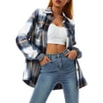 thumbnail image 4 of Women Plaid Flannel Shirt Jacket Button Down Lapel Long Sleeve Shacket Cardigan Coats Fall Spring Clothes, 4 of 7