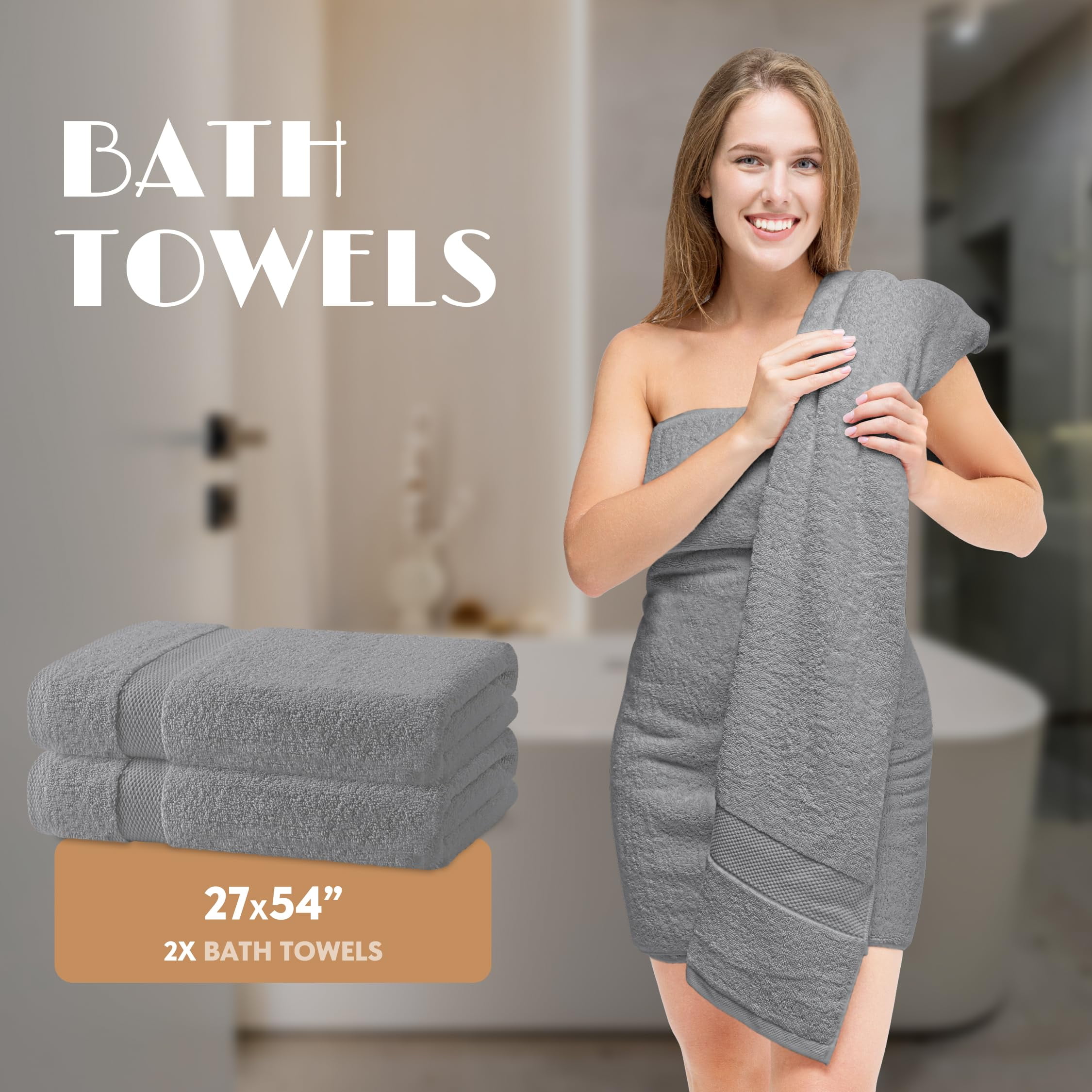 White Classic Light Gray Bath Towel Set of 6 - 100% Cotton Highly Absorbent Towels for Bathroom, 2 Luxury Bath Towels 650GSM, 2 Hand Towels, 2 Washcloths