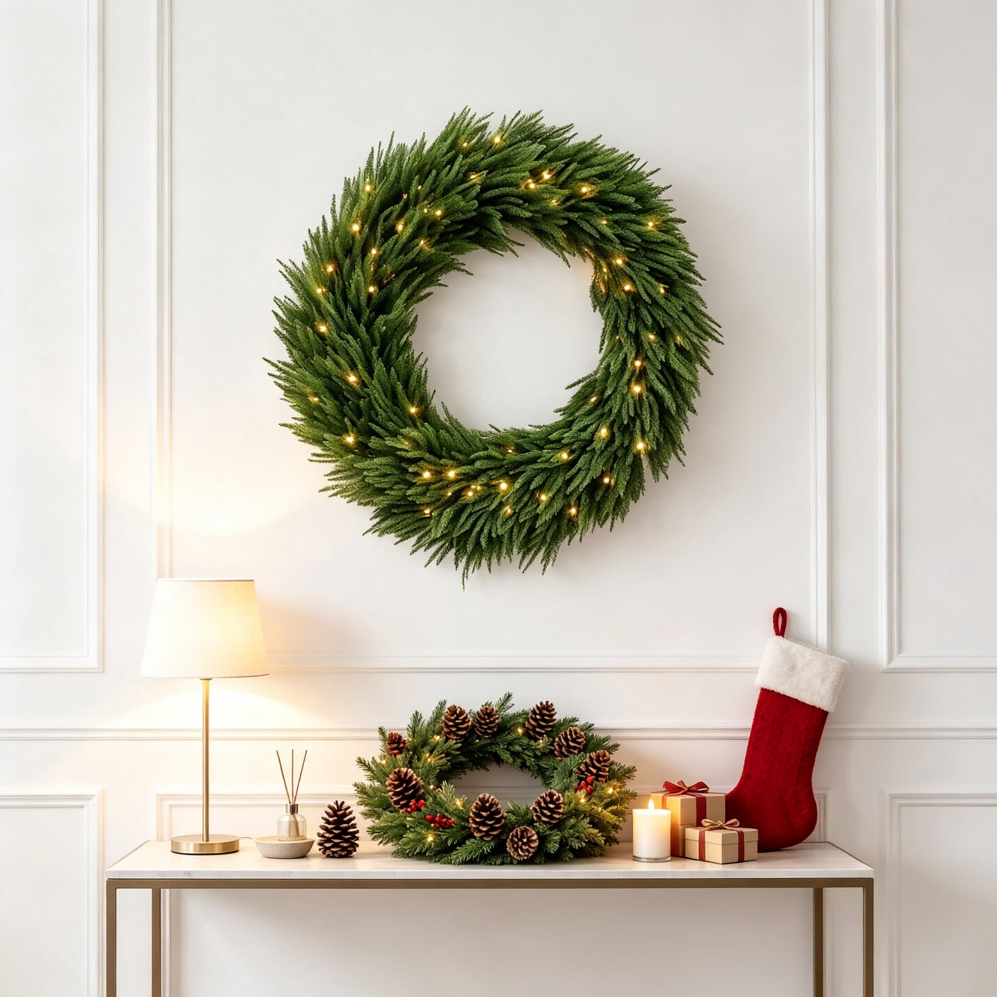 Artificial Christmas Wreath, 36 in Norfolk Pine Design with 100 Warm White LED Lights, 560 Branch Tips, Steel Frame, Indoor and Covered Outdoor Use